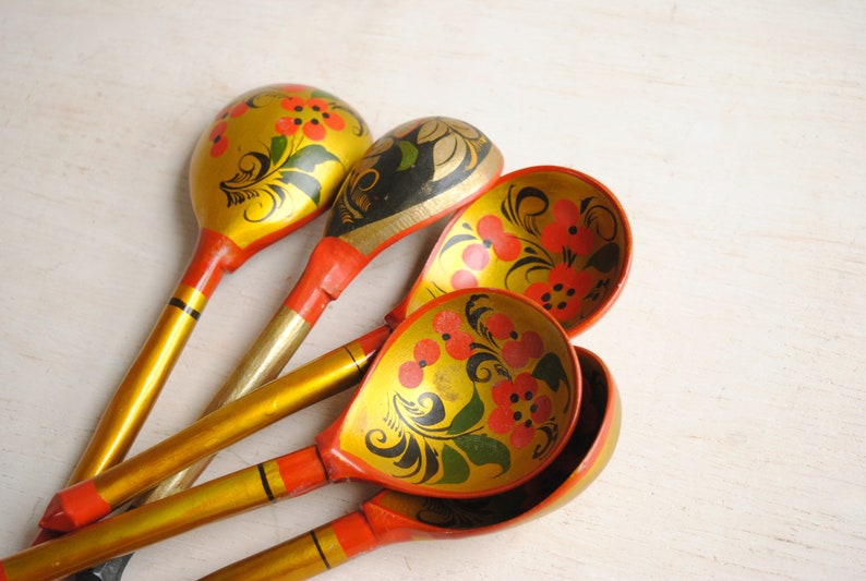 Vintage Khokhloma Hand Painted Spoon Set, Folk Art Wooden Christmas Spoons image 10