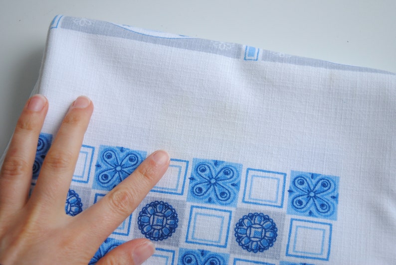 Vintage Blue and White Dutch Motif Linen Tablecloth 40 x 40, Delft Style Table Linens image 10