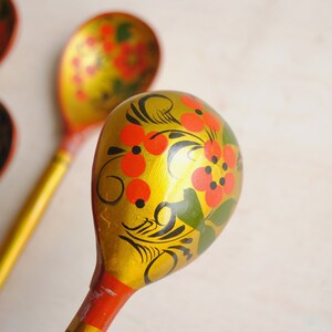 Vintage Khokhloma Hand Painted Spoon Set, Folk Art Wooden Christmas Spoons image 5