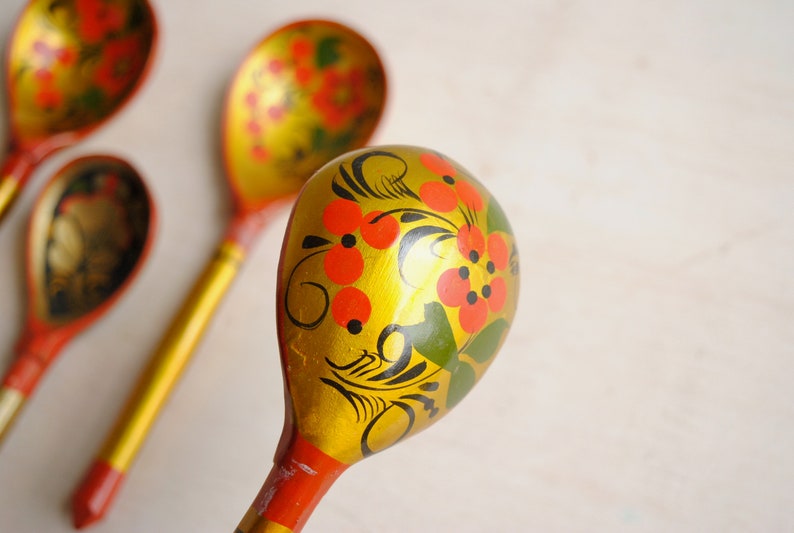 Vintage Khokhloma Hand Painted Spoon Set, Folk Art Wooden Christmas Spoons image 5