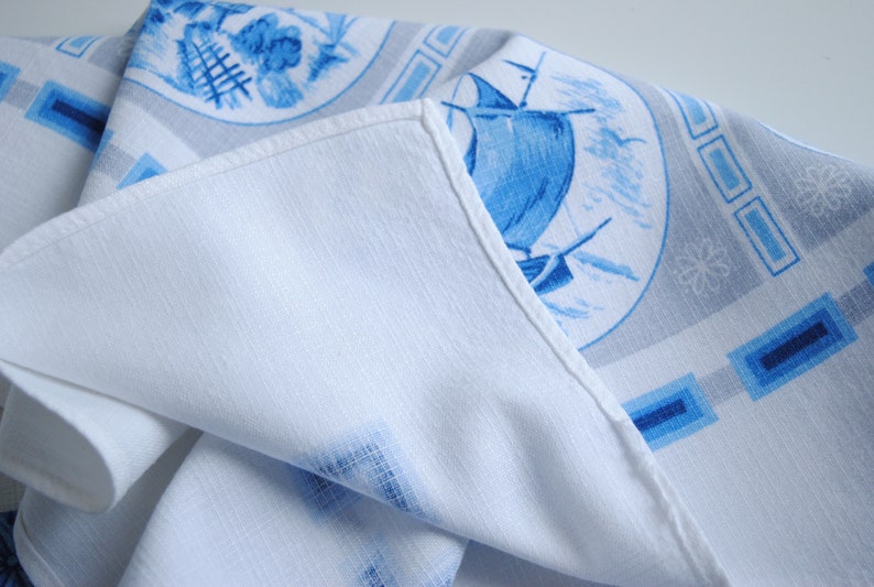 Vintage Blue and White Dutch Motif Linen Tablecloth 40 x 40, Delft Style Table Linens image 9
