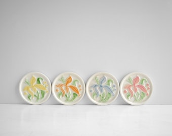 Vintage Ceramic Coasters, Art Pottery Floral Coasters Set of 4