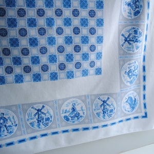 Vintage Blue and White Dutch Motif Linen Tablecloth 40 x 40, Delft Style Table Linens image 4