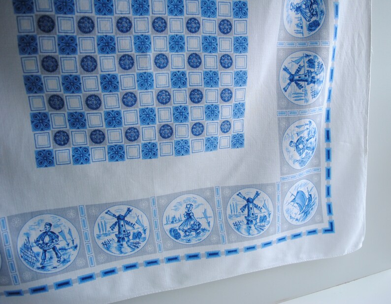 Vintage Blue and White Dutch Motif Linen Tablecloth 40 x 40, Delft Style Table Linens image 4