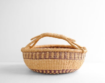 Vintage African Bolga Basket, Woven Straw Basket in Neutral and Purple Straw, Harvesting Basket