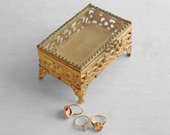Vintage 24K Gold Plated and Glass Filigree Jewelry Box