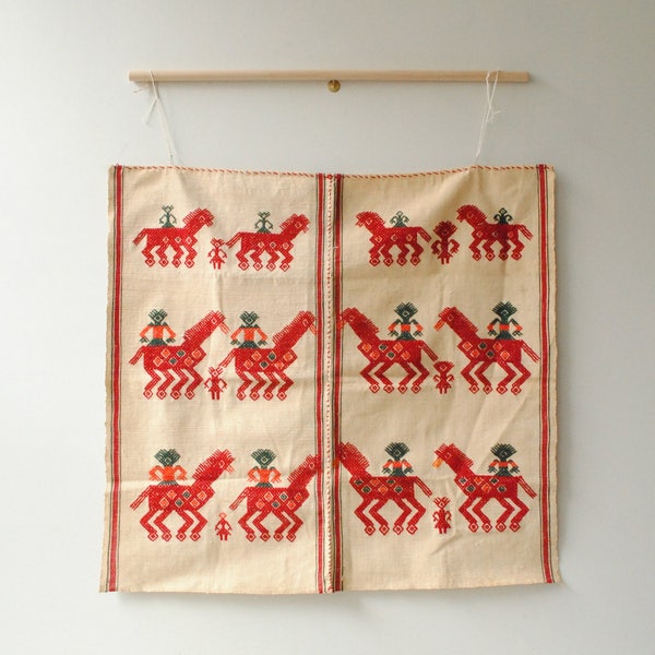 Vintage Guatemalan Wall Hanging Textile, Red and White Embroidered Weaving, Horse Textile