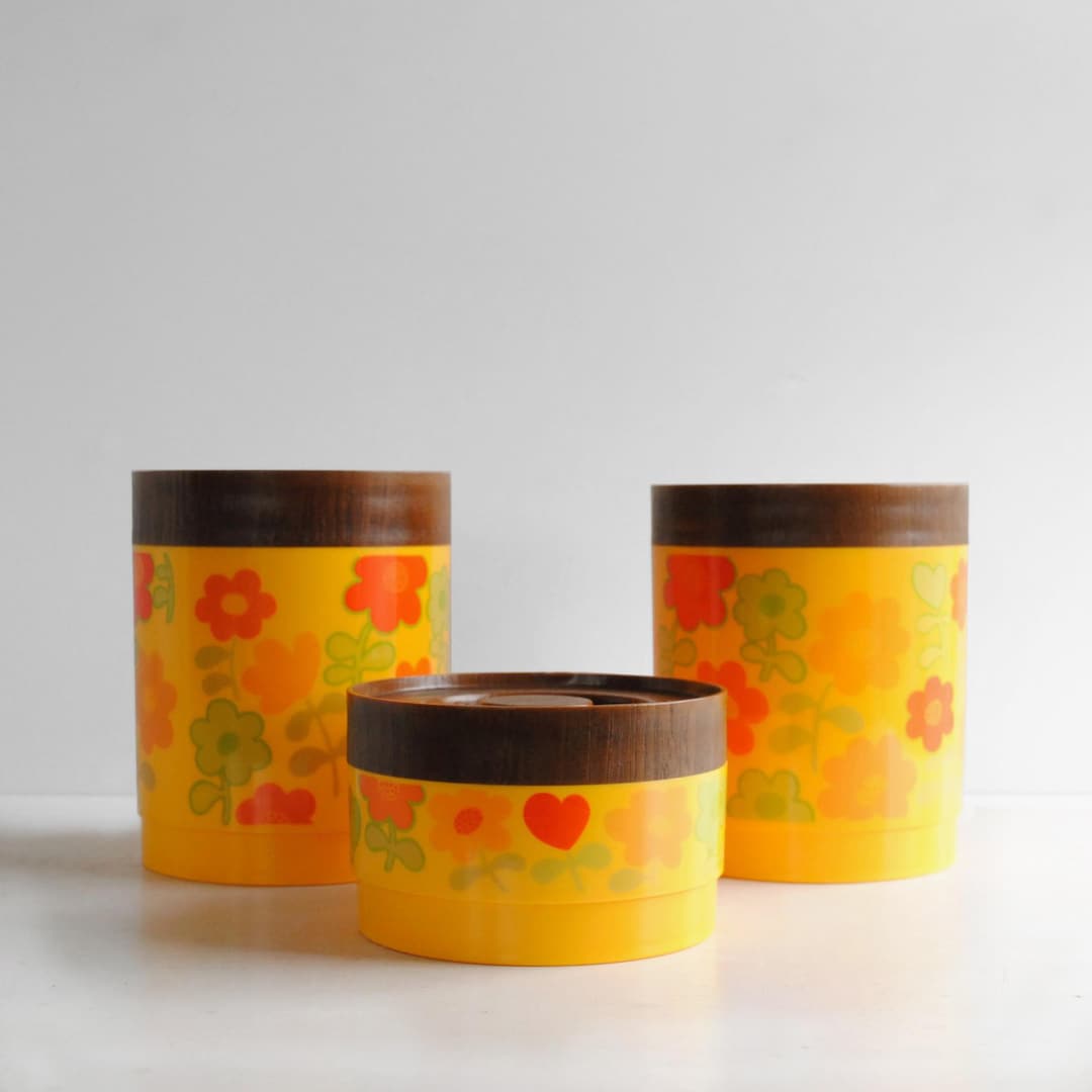 Vintage Mid Century Canister Set With Yellow and Orange Flowers ...