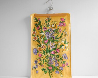 Vintage Linen Floral Tea Towel in Yellow, Pink, Green, and Purple