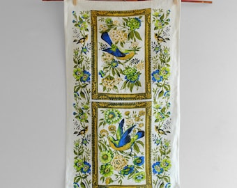 Vintage Linen Tea Towel with Birds and Flowers