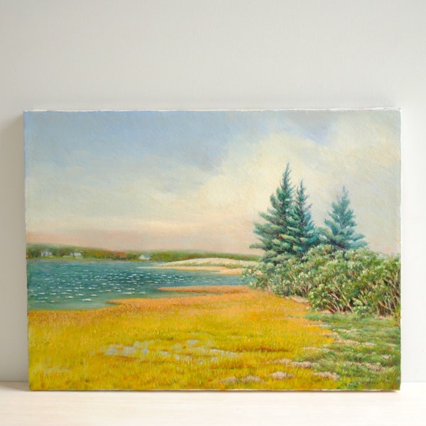Vintage Landscape Painting of the Ocean, Grass, and Tress, 16" x 12" Oil on Canvas Signed Original Vintage Oil Painting