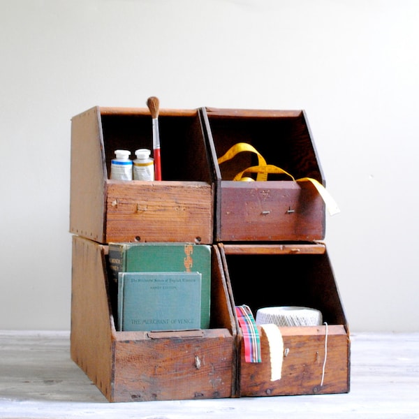 Vintage Wood Cubby Storage Boxes Set of Four