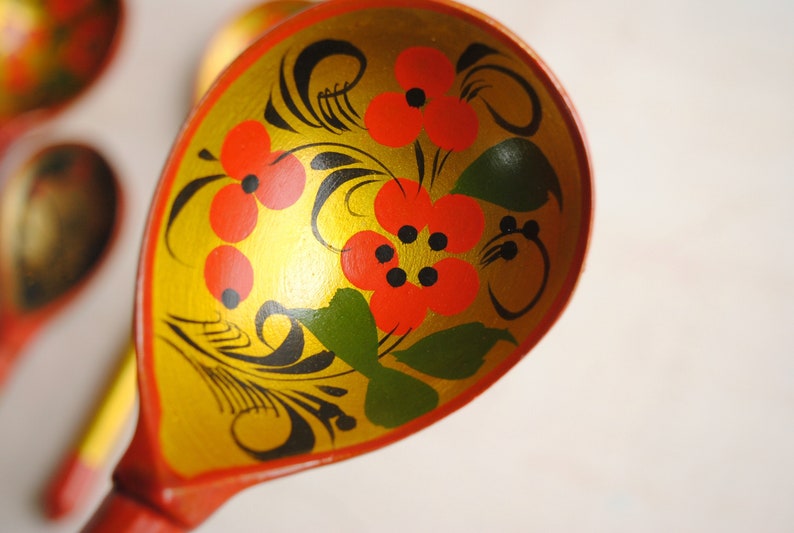 Vintage Khokhloma Hand Painted Spoon Set, Folk Art Wooden Christmas Spoons image 4