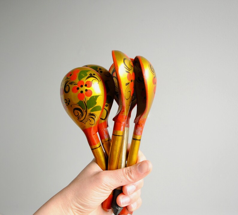Vintage Khokhloma Hand Painted Spoon Set, Folk Art Wooden Christmas Spoons image 9