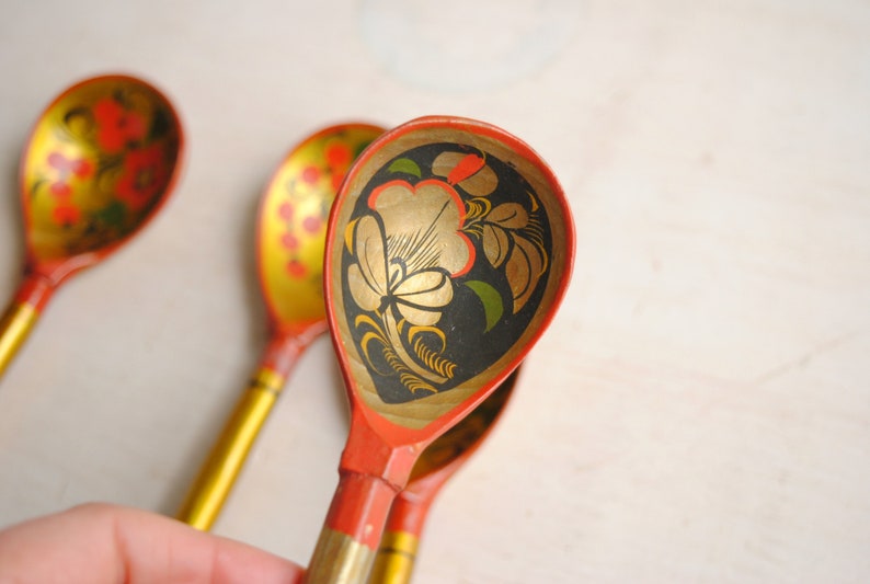Vintage Khokhloma Hand Painted Spoon Set, Folk Art Wooden Christmas Spoons image 7