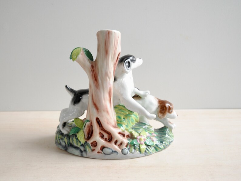 Vintage Figural Porcelain Dog Vase, Staffordshire Style Dog Spill Vase image 9