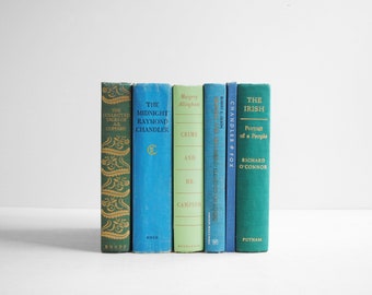 Set of Green and Blue Vintage Books, Hard Bound Book Set