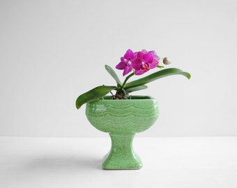 Vintage Green Mid Century Pottery Planter with Pedestal Base, Small Indoor Planter