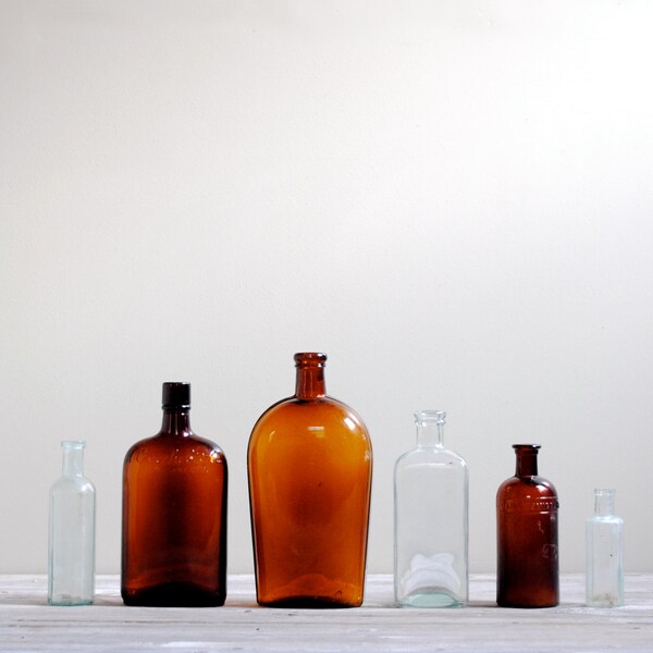 Antique Glass Bottle Collection - Set of 6 Amber and Clear Glass Bottles