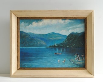 Vintage Lake and Mountains Original Oil Painting