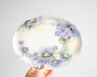 Antique Limoges France Porcelain Tray or Plate with Hand Painted Purple Floral Design