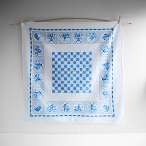 Vintage Blue and White Dutch Motif Linen Tablecloth 40 x 40, Delft Style Table Linens image 1