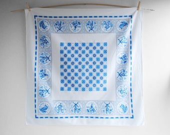 Vintage Blue and White Dutch Motif Linen Tablecloth 40" x 40", Delft Style Table Linens