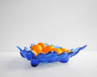 Vintage Blue Glass Bowl in the Shape of a Grape Cluster, Fruit Bowl