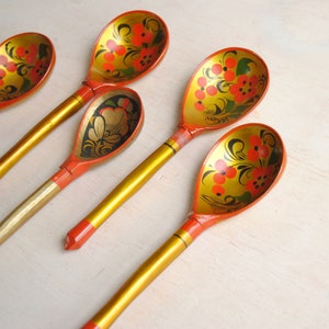 Vintage Khokhloma Hand Painted Spoon Set, Folk Art Wooden Christmas Spoons image 3