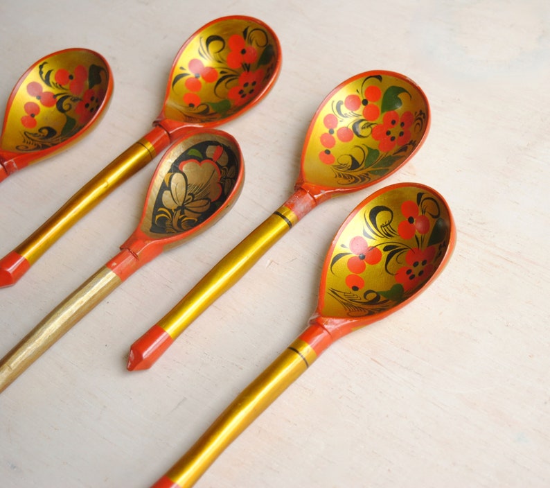 Vintage Khokhloma Hand Painted Spoon Set, Folk Art Wooden Christmas Spoons image 3