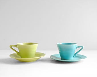 Vintage Cup & Saucer Set in Blue and Green, Homer Laughlin Harlequin Tea Set