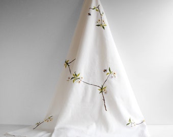 Vintage White Linen Tablecloth Embroidered with White Blossom Branches and Bumble Bees 6' x 5'