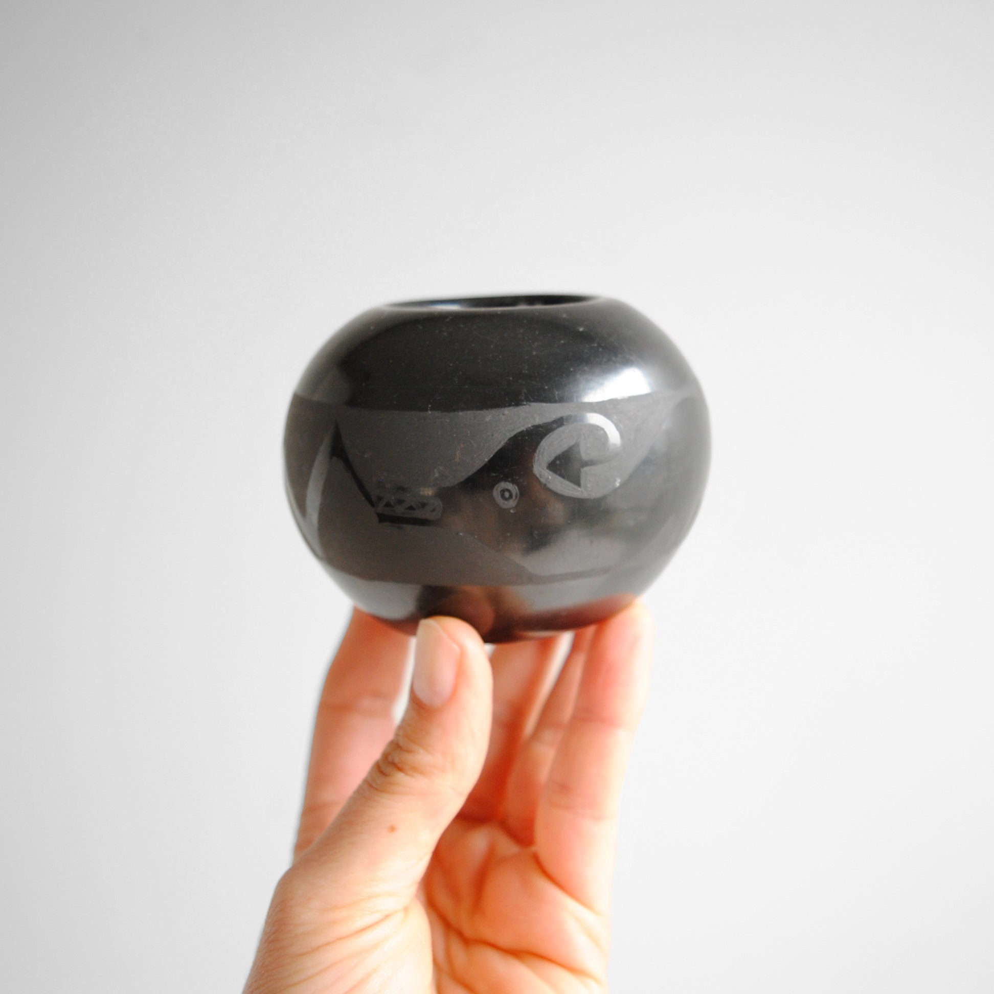 Vintage San Ildefonso Blackware Pottery Bowl with Avanyu Design by Marvin and Frances Martinez