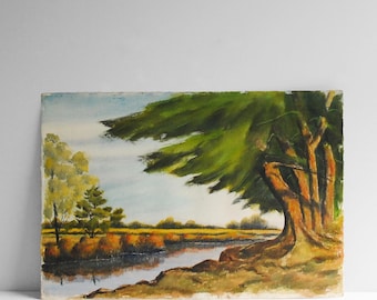 Vintage Landscape Watercolor Painting of Trees by a River