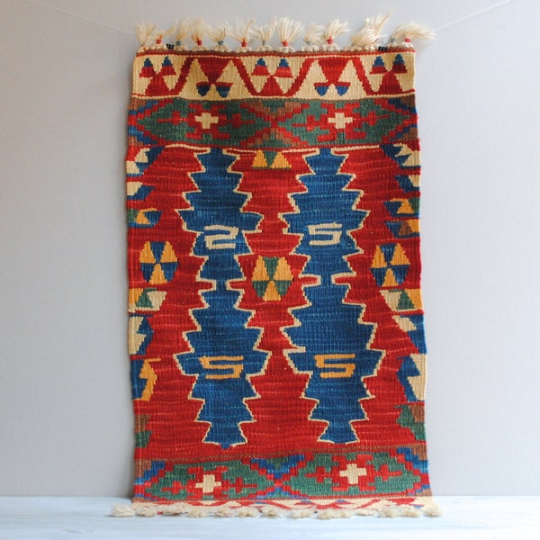 Vintage Kilim Rug, Konya Kelim Throw Rug or Wall Hanging in Red and Blue, 3.5' x 2'