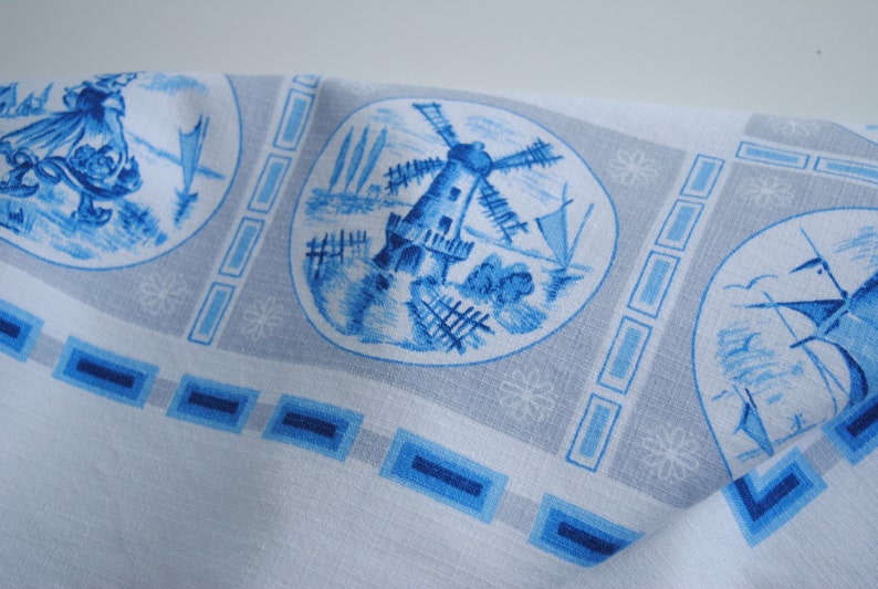 Vintage Blue and White Dutch Motif Linen Tablecloth 40 x 40, Delft Style Table Linens image 2
