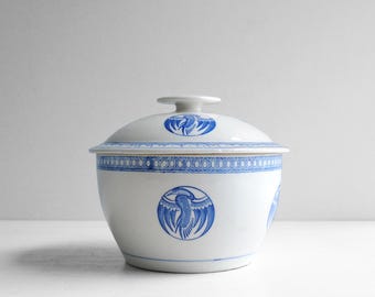 Vintage Lidded Ceramic Bowl with Crane Motif, Chinese Rice Pot