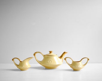 Vintage Art Deco Tea Set, Pearl China Homer Laughlin 22K Gold Teapot, Creamer, and Sugar bowl