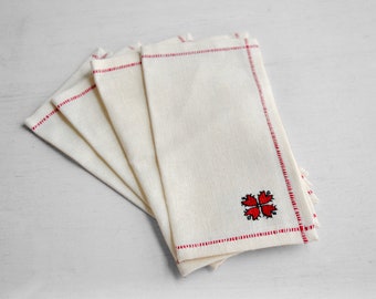 Lot de 4 serviettes vintage en lin blanc avec broderie rouge