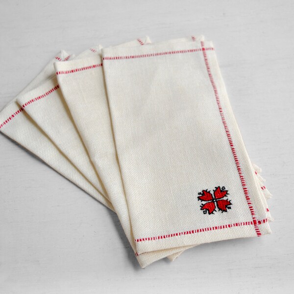 Vintage White Linen Napkin Set of 4 with Red Embroidery