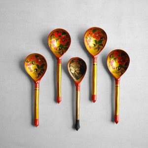 Vintage Khokhloma Hand Painted Spoon Set, Folk Art Wooden Christmas Spoons image 1