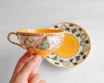 Vintage Hand Painted Porcelain Teacup & Saucer, Made in Japan