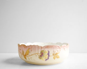 Antique French Porcelain Bowl with Hand Painted Floral Design in Pink, Purple, and Gold