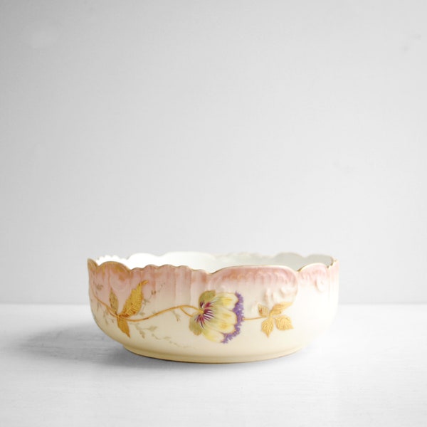 Antique French Porcelain Bowl with Hand Painted Floral Design in Pink, Purple, and Gold
