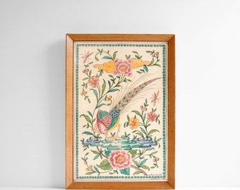 Vintage Portuguese Tile Art of a Bird and Flowers