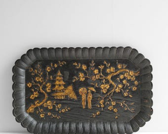 Vintage Syroco Black Chinoiserie Tray