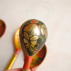 Vintage Khokhloma Hand Painted Spoon Set, Folk Art Wooden Christmas Spoons image 8