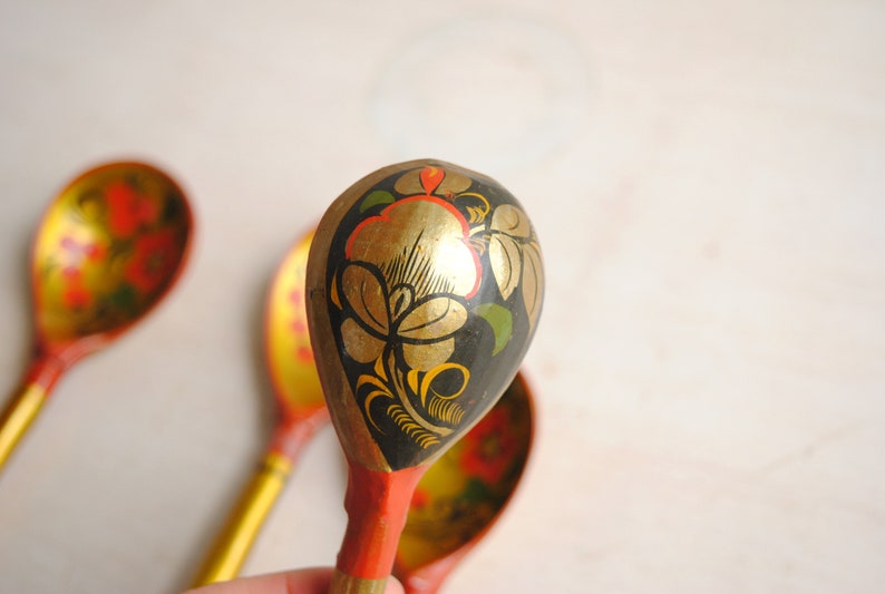 Vintage Khokhloma Hand Painted Spoon Set, Folk Art Wooden Christmas Spoons image 8