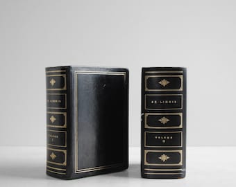 Vintage Pair of Leather Bound Book Bookends, Faux Black Leather Books