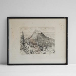 May include: A black-framed landscape etching on off-white paper featuring a mountain topped with a building, surrounded by dense forest and a tall pine tree in the foreground. The print shows signs of age with light brown foxing spots throughout.